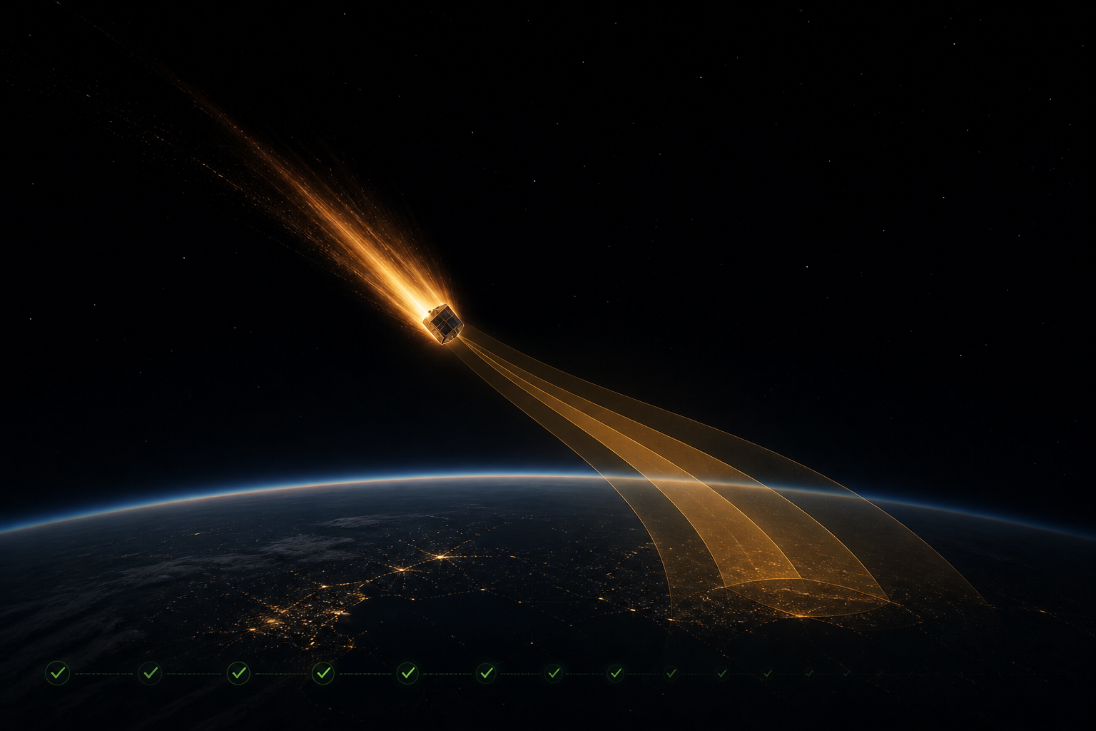 A satellite in terminal decay above Earth's limb, amber re-entry trail, three nested prediction-window bands ahead of it