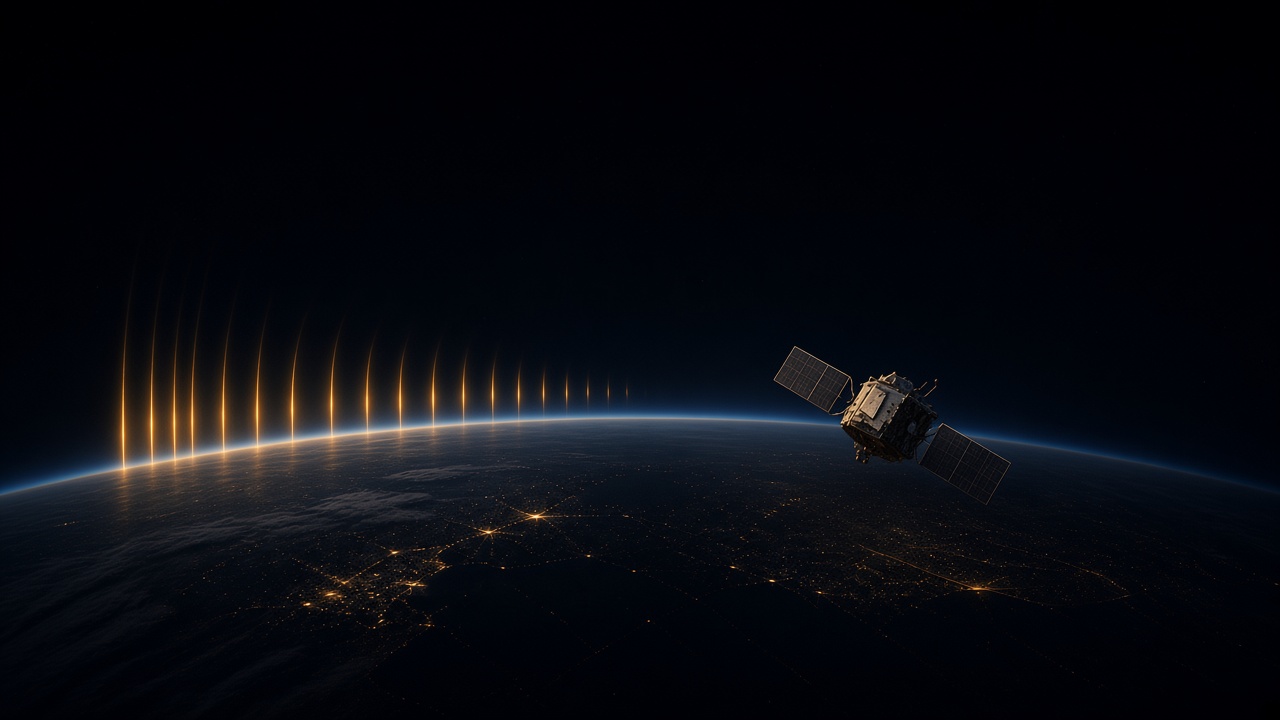 A derelict satellite above Earth's night limb, its tracking pings fading from dense and bright to nothing