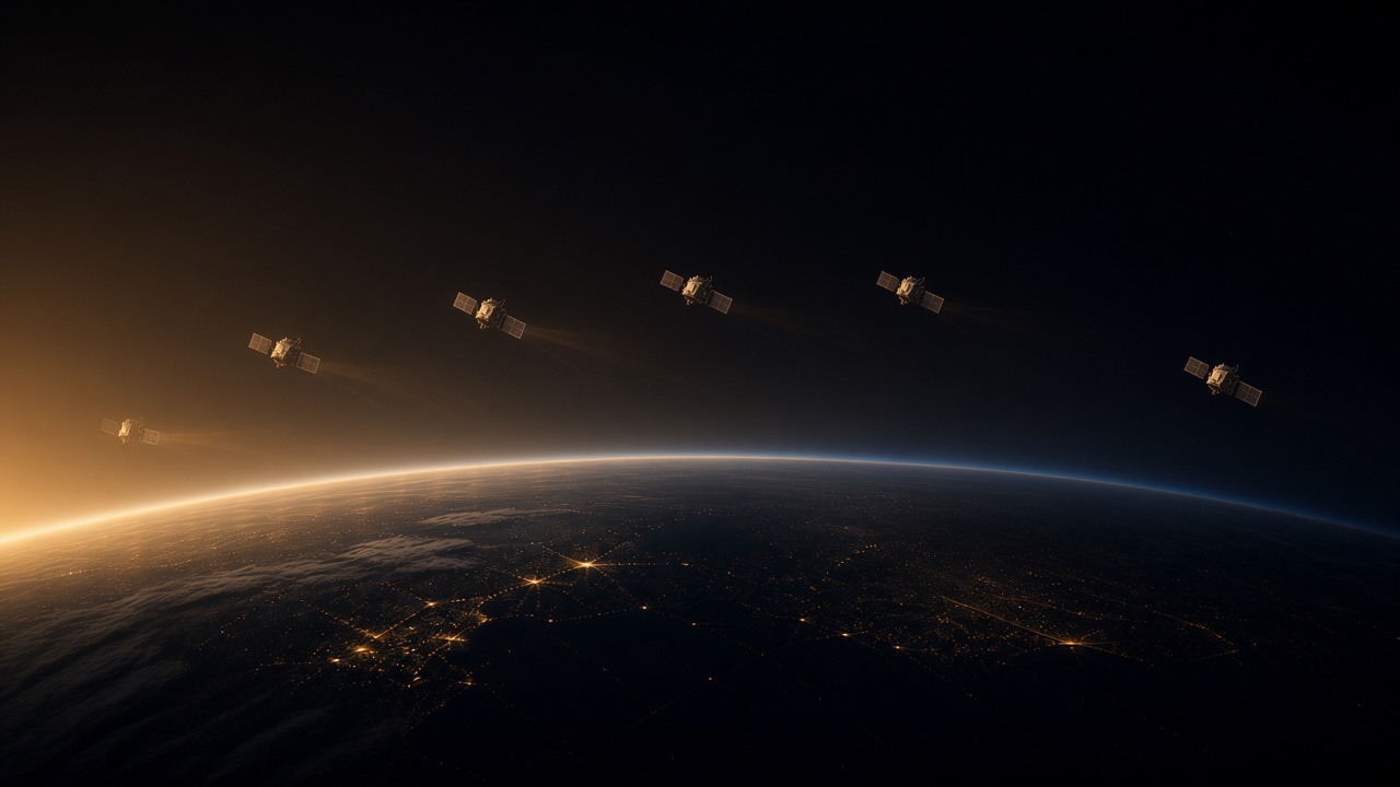 Soft solar glow at the frame edge thickening Earth's upper atmosphere while a row of satellites drifts lower together