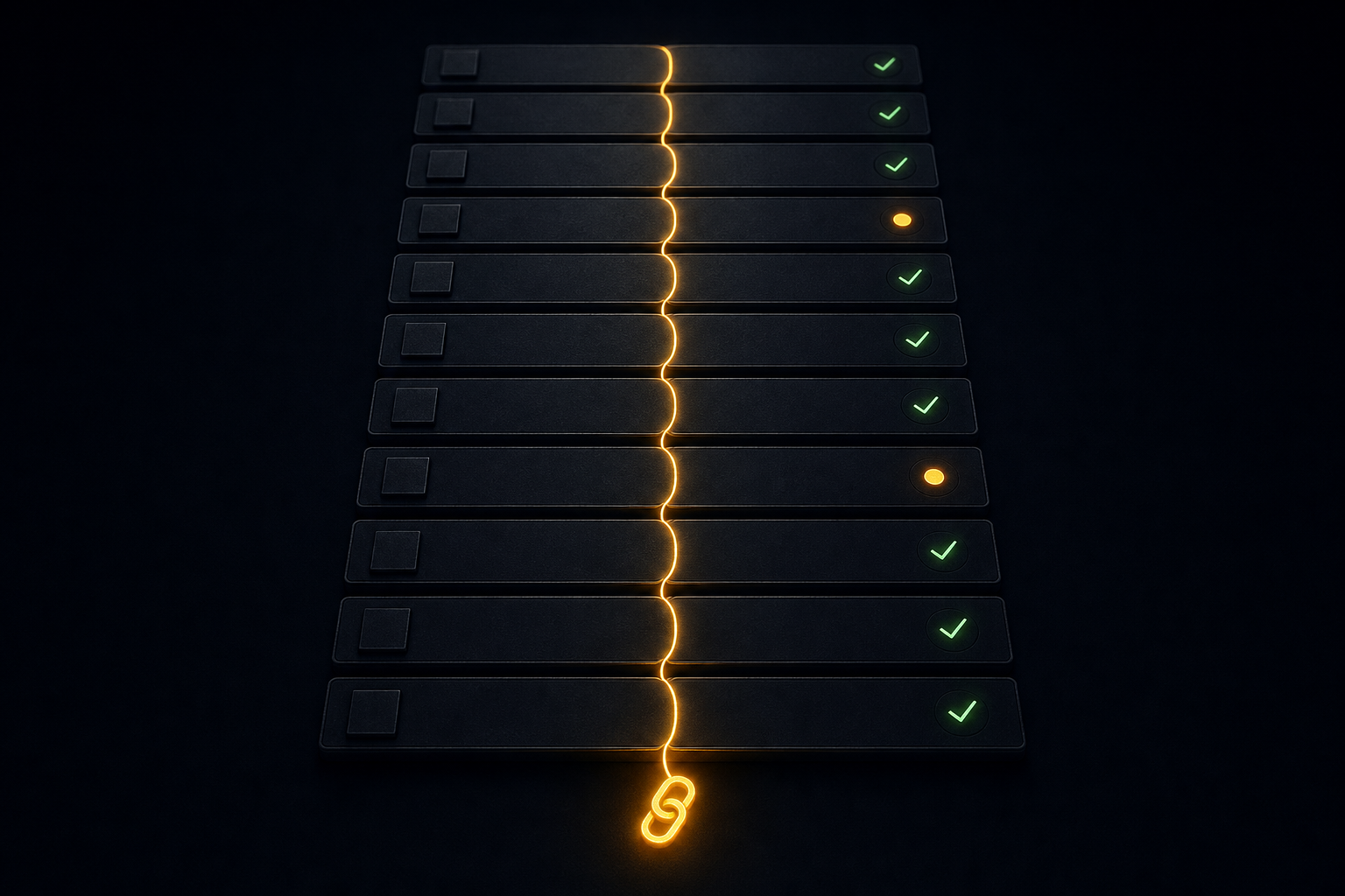 Stylised ledger rows with green outcome ticks, a luminous hash-chain thread running through every entry