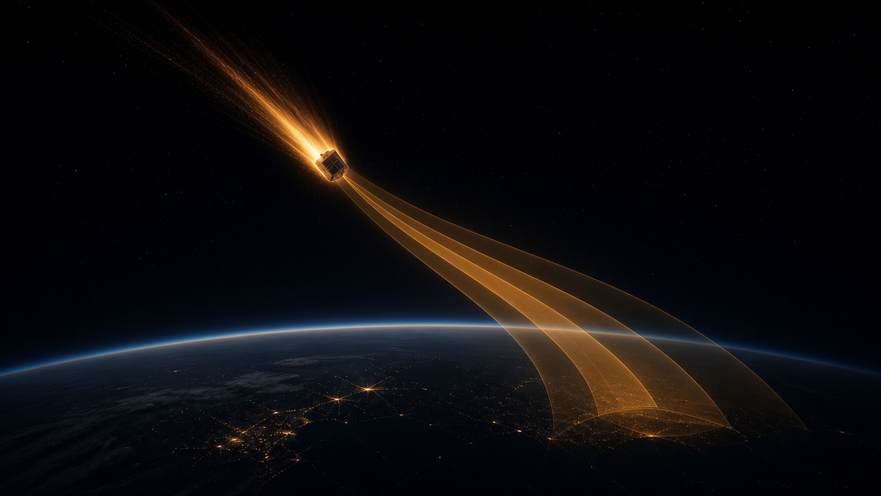 A decaying satellite descending along an arc that fans into three nested amber prediction bands